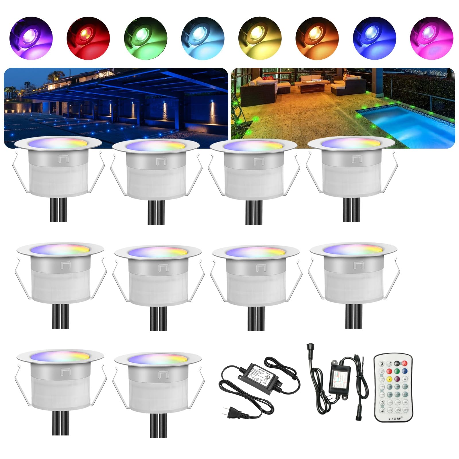 INDARUN 10er Set LED Bodeneinbauleuchten Aussen RGBW Ø45mm Terrasse Einbaustrahler, Led Terrassenbeleuchtung IP67 Wasserdicht Boden Licht für Küche Garten Treppen