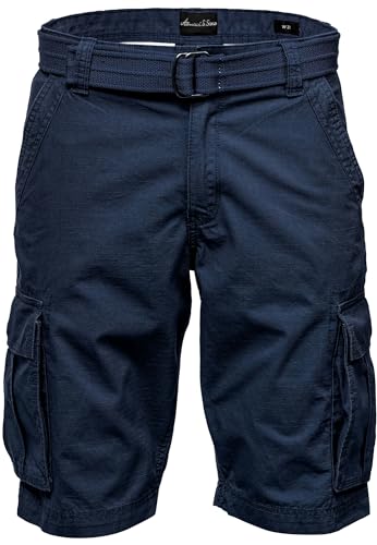 Amaci&Sons Herren Cargoshorts Männer Kurze Bermuda Hose inkl.Gürtel Regular Fit Gurt7027 Navyblau W32