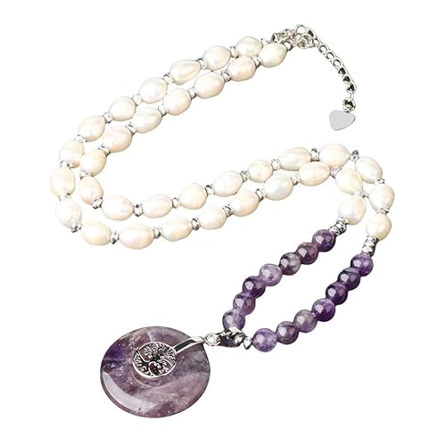 CuLtP CuLtPHeilkristall-Anhänger-Halskette für Damen Amethyst Kristall-Halskette Ovale Perle, Lebensbaum, Naturstein Anhänger-Halskette, natürlicher Reiki-Edelstein, Halskette, Schmuck