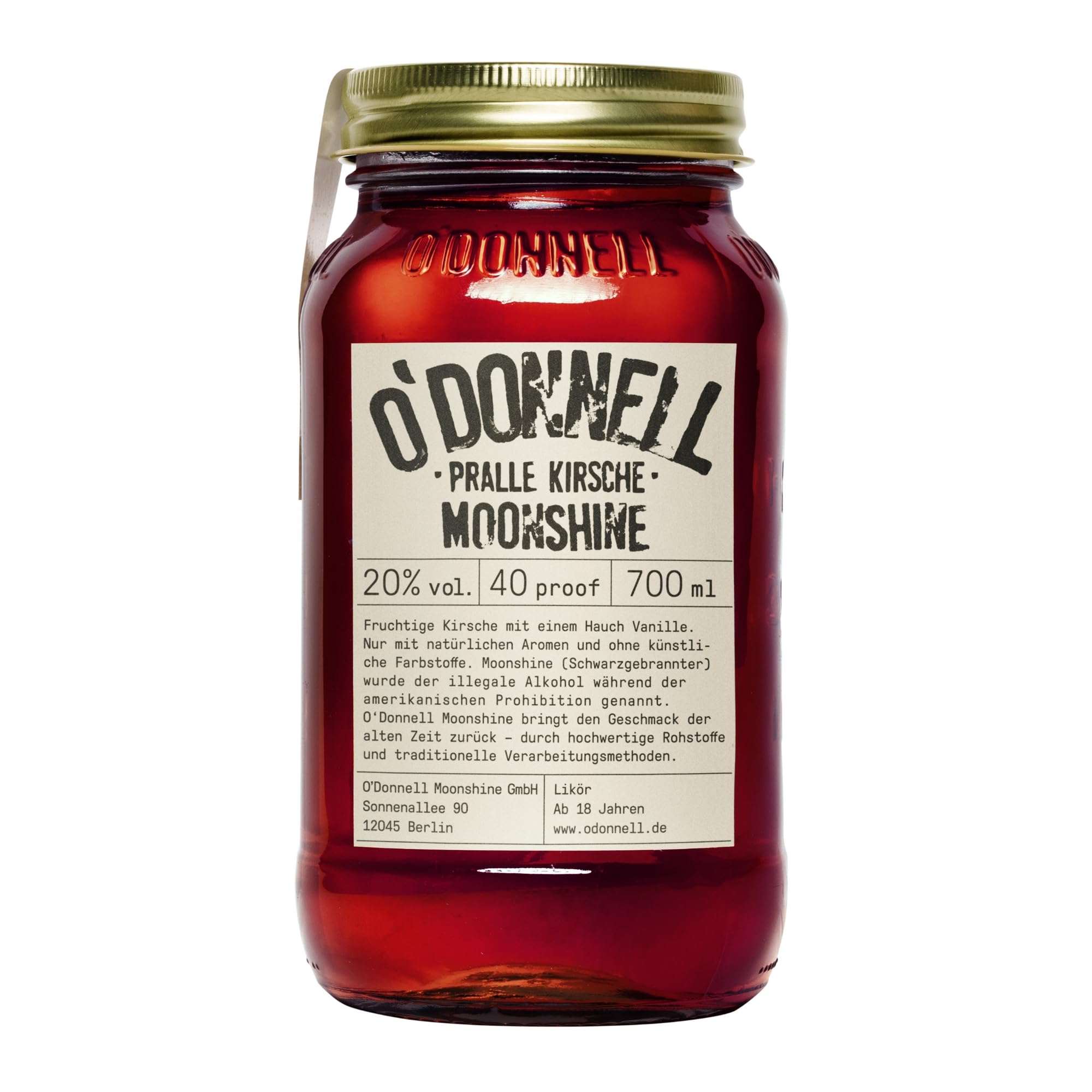 O'Donnell Moonshine - Pralle Kirsche Likör (700ml) - Handwerklich hergestellte Spirituosen aus Berlin - Premium Schnaps nach Amerikanischer Tradition - 20% Vol. Alkohol