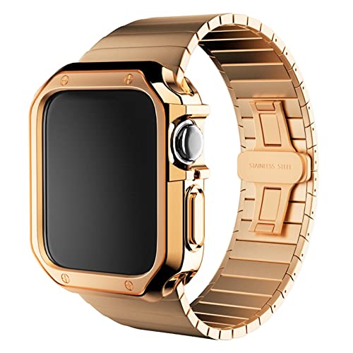 KANUZ Edelstahlarmband und Silikonhülle für Apple Watch Band 45 41 44 40 38 mm 42 mm, Stoßstangen-Rahmenabdeckung für iWatch Serie 5, 4, 3, SE, 6, 7, 8 (Farbe: Rotgold, Größe: 42 mm)