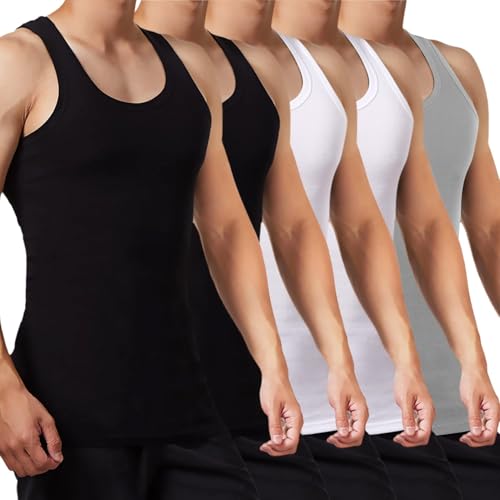 FALARY Unterhemd Herren Tank Top 5er Pack gekämmte Feinripp Baumwolle, 2 Schwarz 2 Weiß 1 Grau, M