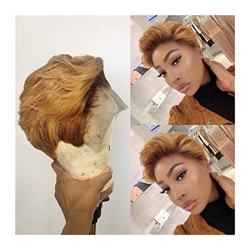 Perücken Ombre Gold Blonde Lace Frontal Echthaar Perücken Pixie Cut Kurzes Brasilianisches Remy Haar Weich und Atmungsaktiv 4X4 Lace Closure Wig for schwarze Frauen Damenperücke(Size:130%)