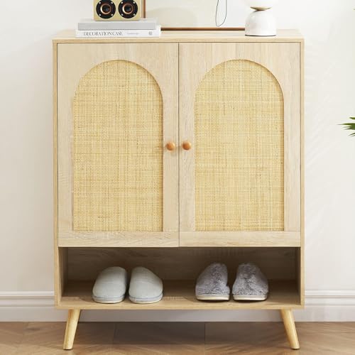 ThinkMax Sideboard Schrank, Anrichte Rattan, Kommode Holz, Buffetschrank, Küchenschrank mit 2 Rattan Tür, 2 Offenem Fach, Kaffeebarschrank, Küchenbuffet für Wohnzimmer Küche Esszimmer, Eichenfarbe