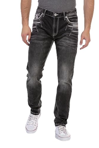 Cipo & Baxx Herren Jeans Hose Freizeit Regular Fit Stickerei Denim Pants CD719 Schwarz W31 L32