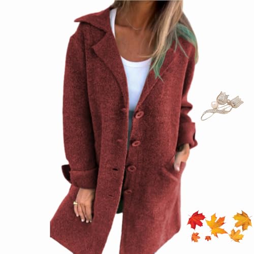 WINDEHAO Lässiger Revers Einreiher Langer Mantel 2024 Damen Vintage Revers Kragen Mantel Mid-Long Casual Pea Coat Trenchcoats für Frauen