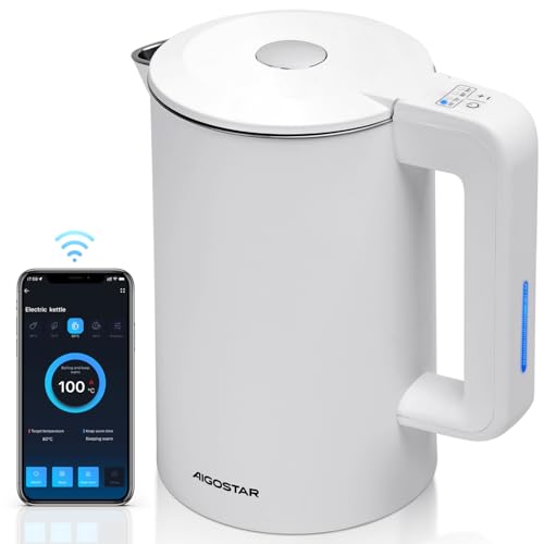 Aigostar Benjamin Smart White Wasserkocher mit Temperatureinstellung 40°C-100°C, WiFi Steuerung Kompatibel zu Alexa, 1,7 L Edelstahl Doppelwand Cool Touch, Leise & Kabellos, Warmhaltefunktion, Weiß