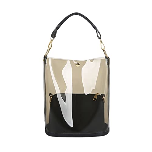 ohodhmnu Damen Tragetasche, Vintage 2 in 1 Tasche Clear Bag Bucket Bag Semi Clear Jelly Bag Schultertasche für Frau Schwestern, Schwarz , no flower