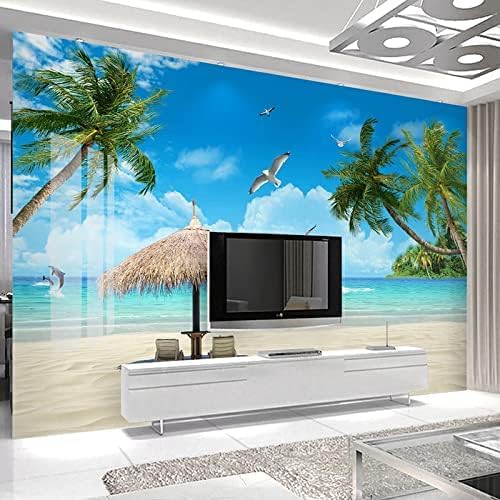 XLMING Blue Sky Beach Kokosnussbaum Meerblick Küche Esszimmer Arbeitszimmer Wohnzimmer TV Hintergrund Wand 3D Tapete-350cm×256cm