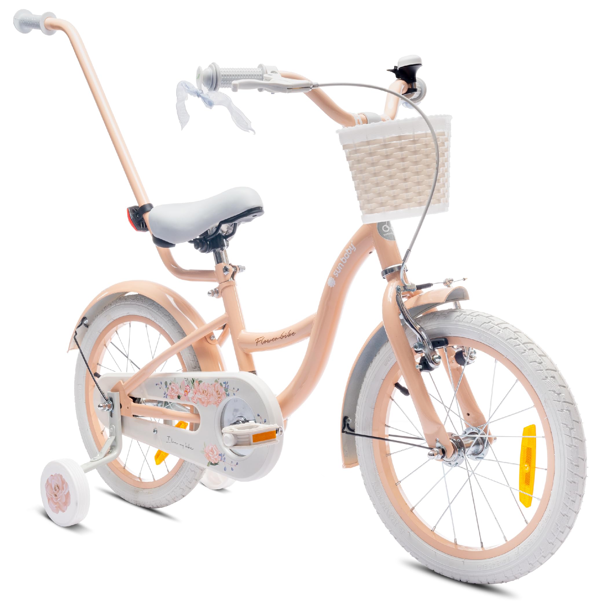 sun baby Mädchenfahrrad 16 Zoll Radgröße Flower Bike zur Auswahl, mit Abnehmbarer Schubstange, Kinderfahrrad für Mädchen von 2 bis 6 Jahre (Aprikose, 16 Zoll)