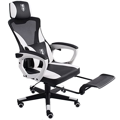 Trisens Gaming Stuhl im modernen Racing-Design mit einklappbarer Fußstütze - Chair mit flexiblen Armlehnen - ergonomischer Schreibtischstuhl mit extra Stützkissen, Farbe:Schwarz/Weiß