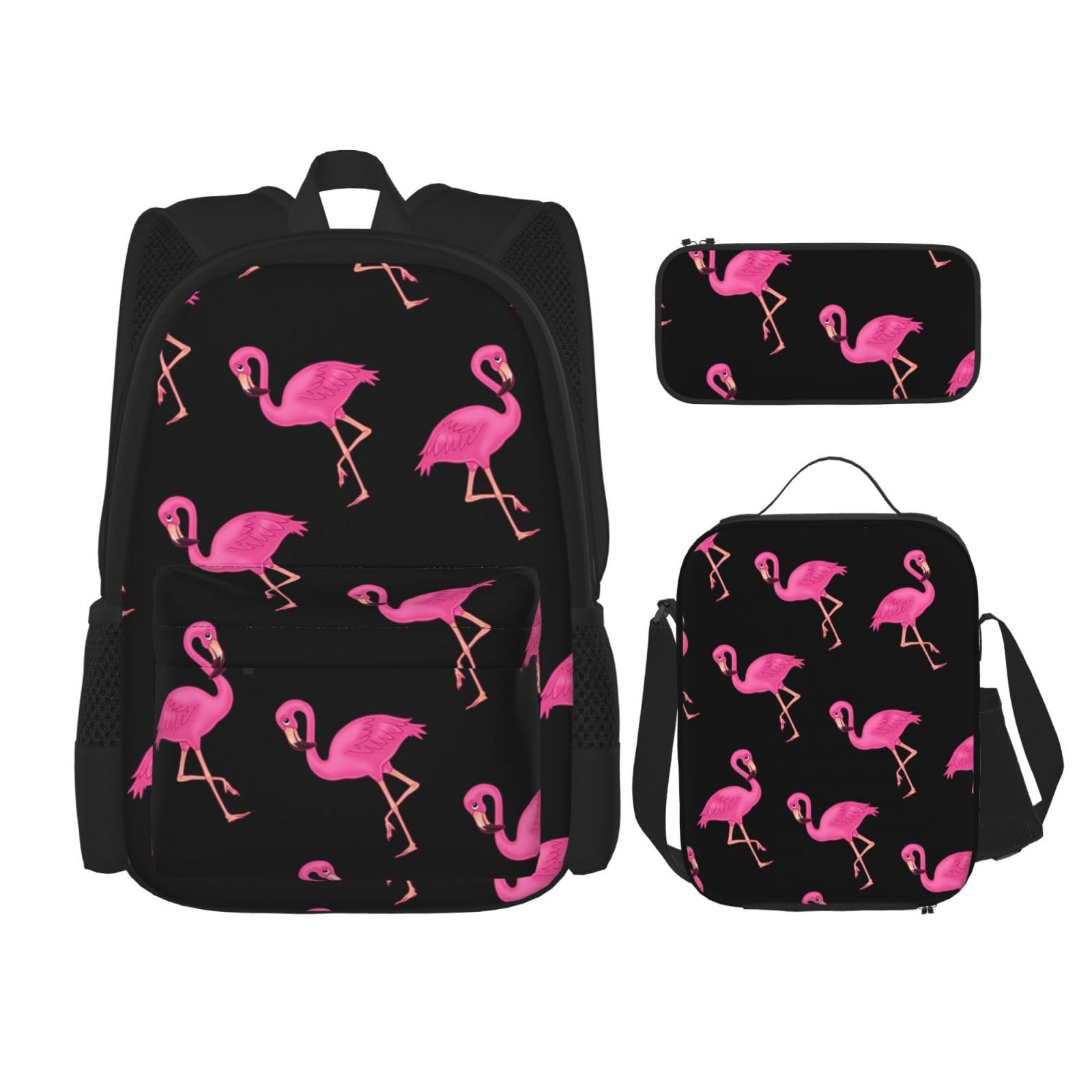 DENMER Mehrzweck-Schultasche mit passendem Federmäppchen und Lunchtasche - Ihre stilvolle All-in-One-Lösung, Schöne rosa Flamingos, One size