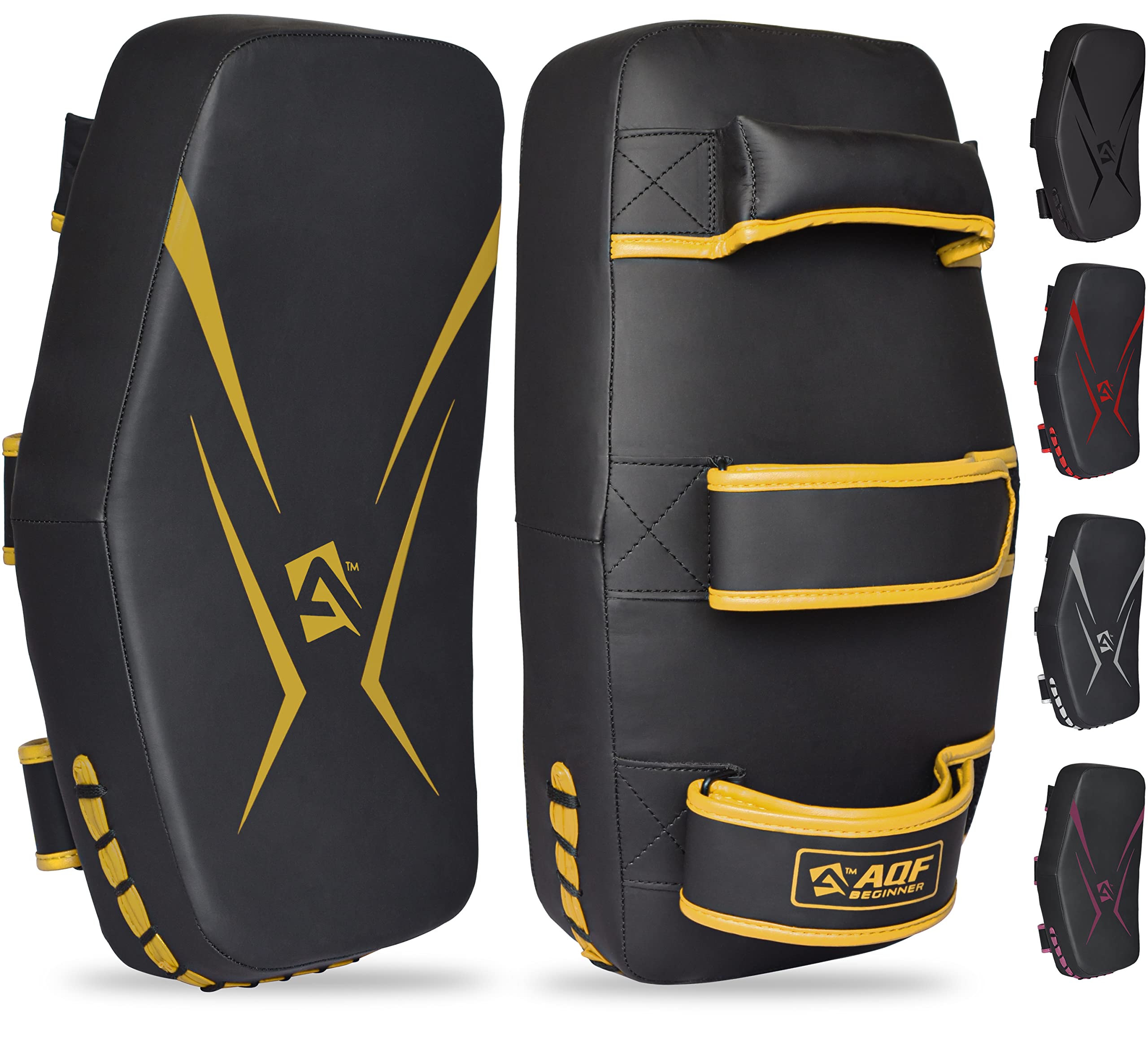 AQF Thai Pads für Kickboxen Muay Thai Pad mit festem Griff, Maya Leder Gebogene Strike Schild für Boxen MMA Kampfsport Taekwondo, Training Sport (Single, Gold)