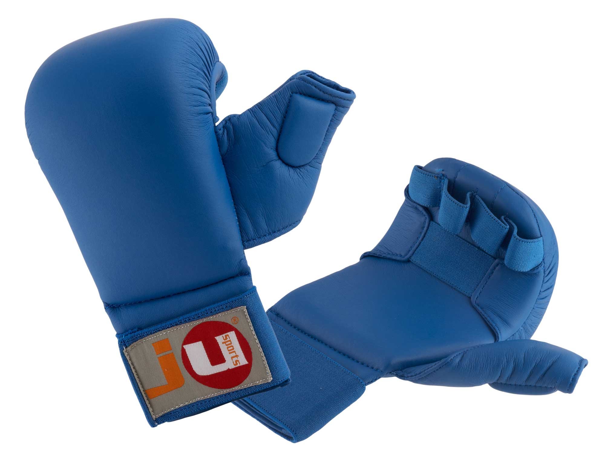 Ju-Sports Karate Handschuhe - blau, Kunstleder I Gepolsterter Hände Schutz für Training & Wettkampf I Karate Handschutz mit 2 Schlaufen mit Daumen I Größe L