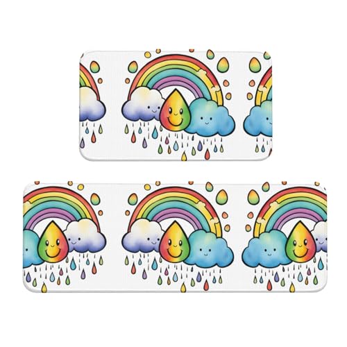 YQxwJL Küchenteppich, Motiv: Regenbogenwolken, Regentropfen, rutschfest, 2er-Set, bequeme Stehmatten für Küche, Büro