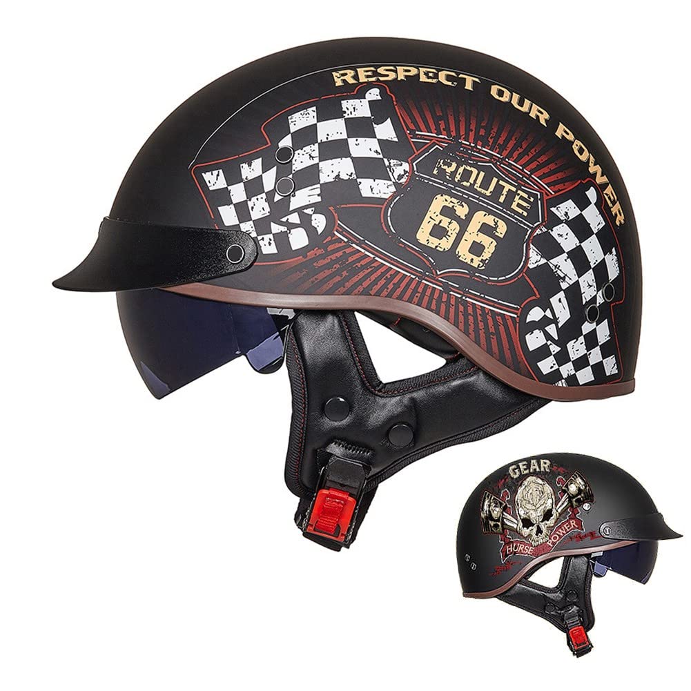 Halbschalenhelm mit ECE, Jethelm Retro, Chopper Helm, Retro Motorrad Helm, Scooter-Helm, Offenem Helm, mit Sonnenblende und Herausnehmbares Atmungsaktives Futter M~XXL 57~64CM