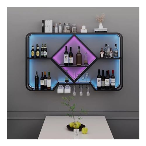 BFVAKBKYT Hängende industrielle runde Weinregale, An der Wand montiertes Weinregal mit LED-Licht, for Küche, Wohnzimmer, Hausbar, Café(Black,120x20x70cm)