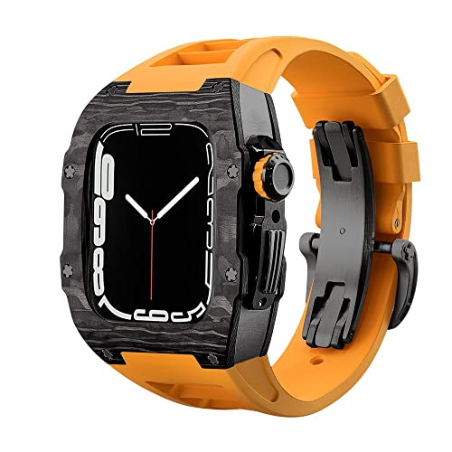 KANUZ Luxuriöses Kohlefaser-Gehäuseband-Set für Apple Watch 8, 7, 45 mm, 6, 5, 4 SE, 44 mm, Gummiband, DIY-Modifikationsset für iWatch 44 mm, 45 mm (Farbe: Orange-Schwarz, Größe: 45 mm)