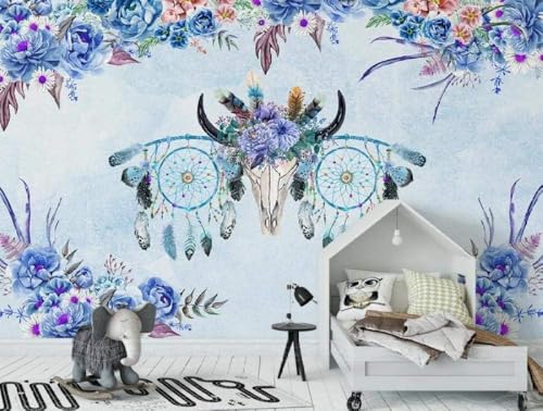 Blaue Blumen Lila Blumen Federn 3D Tapete Poster Restaurant Schlafzimmer Wohnzimmer Sofa TV Dekorative Wand-350cm×256cm