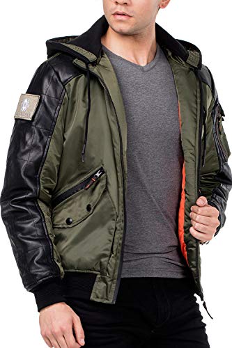 Cipo & Baxx Herren Bomberjacke Collegejacke Bikerjacke Übergangsjacke mit Abnehmbarer Kapuze Khaki S