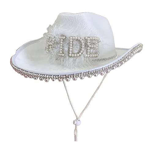 MEELYHOME Weißer eleganter Cowgirl-Hut für Braut, Hochzeit, Foto, Kostüm, Requisiten, Outdoor, Frau Mädchen, Hut mit baumelnder Perle