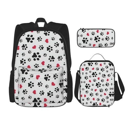 WURTON Rucksack mit Katzenpfotenmotiv, Motiv: Welpe, für Mädchen, Jungen, Schultaschen, Teenager, Lunchbox und Federmäppchen, 3-in-1 Büchertaschen-Set