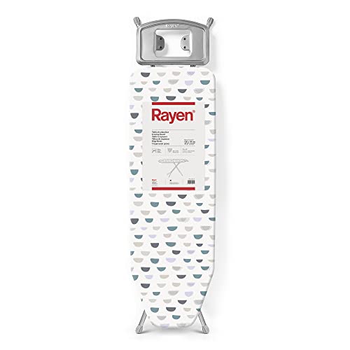 Rayen | Bügelbrett Basic Brett mit Metallgitter Höhenverstellbar Ablage - Bügeleisen Maße: 120 x 38 cm, Graue Struktur, Bedruckte Hülle Weiß