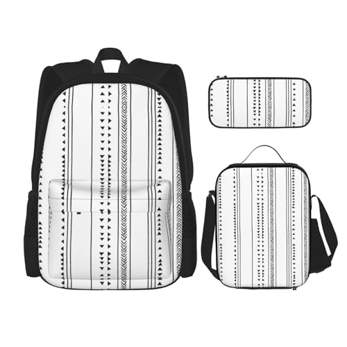 WURTON Rucksack mit Dreiecksstreifen, Bohemian-Muster, für Mädchen, Jungen, Schultaschen, Teenager, Lunchbox und Federmäppchen, 3-in-1-Büchertaschen-Set