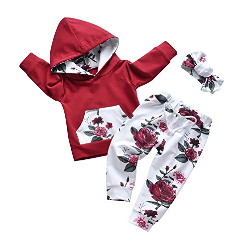 Tinykeke Kleinkind Baby Mädchen Bekleidungssets Langarm Blumen Hoodie Sweatshirt Tops + Hose und Stirnband Säugling Baby Mädchen Kleidung Sets 6-9 Monate