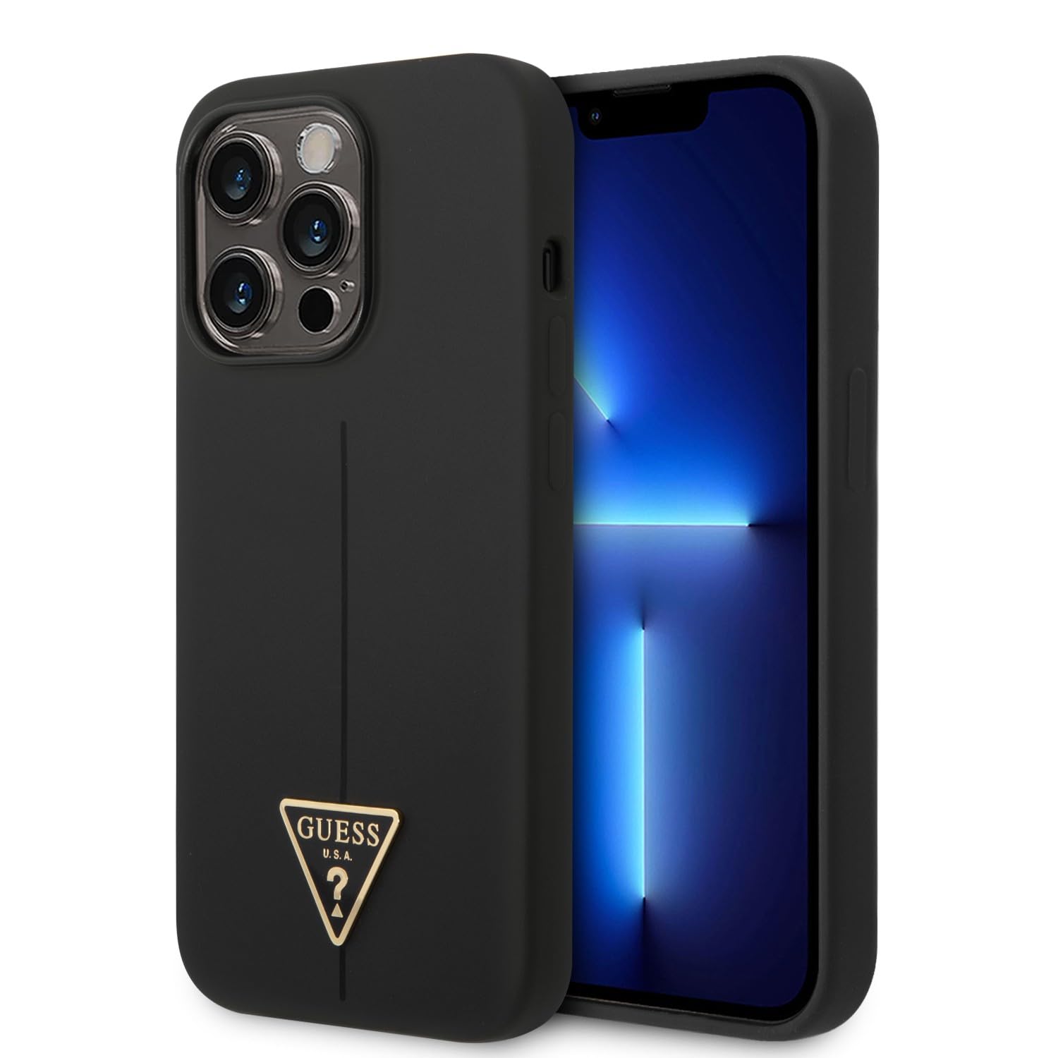 CG MOBILE Guess Handyhülle für iPhone 14 Pro in Schwarz Triangle Logo, Flüssigsilikon Glatt & Anti-Kratzen Schutzhülle mit einfachem Snap-on, Stoßdämpfung