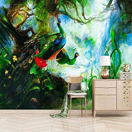 XLMING Grün Und Pfau Dekoration 3D Tapeten Home Esszimmer Sofa Schlafzimmer Wohnzimmer TV Hintergrund-300cm×210cm