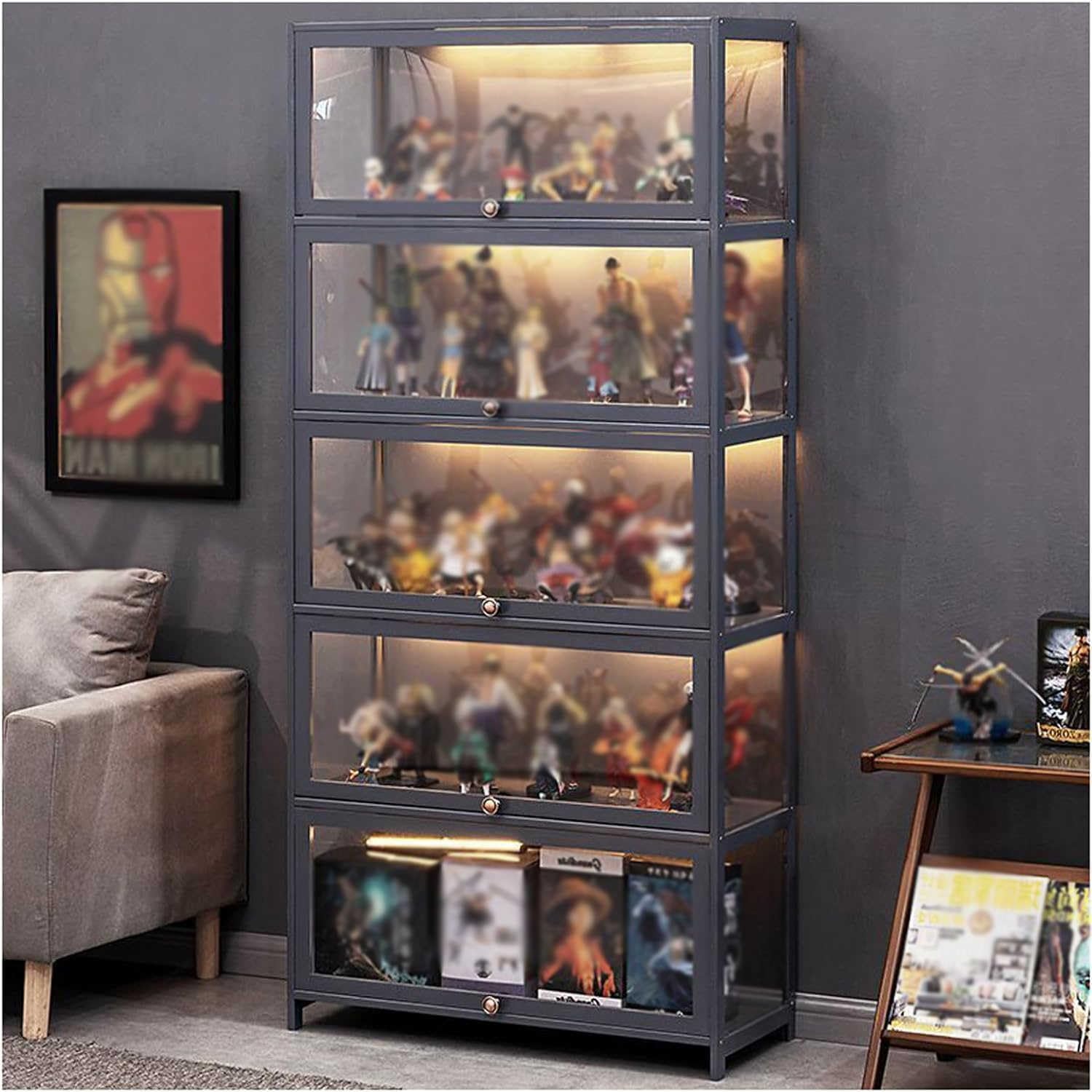 Graue Vitrine, Curio-Schrank mit Acryltüren, Vitrine, Vitrine für Figuren und Curio-Sammlung, Moderne, minimalistische Vitrine mit Klapptür, Curio-Schrank, bodenstehendes Bücherregal, 80 x 3