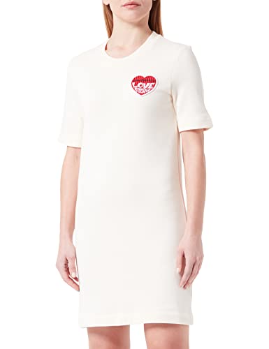 Love Moschino Women's Short-Sleeved t-Shape Customized with Embroidered Love Storm Knit Effect Heart Patch Dress, Cream, 40