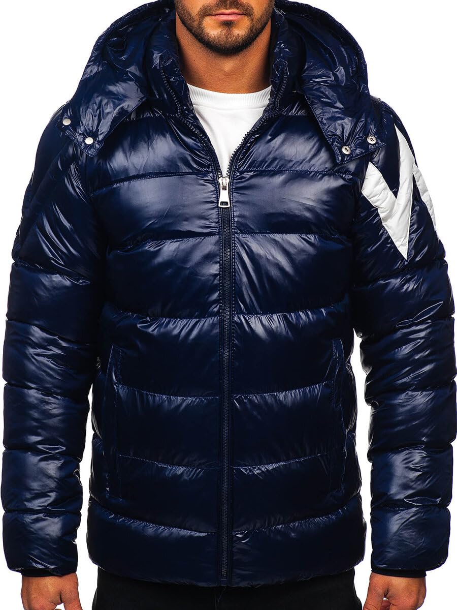 BOLF Herren Winterjacke Steppjacke Gefüttert Übergangsjacke mit Kapuze Daunenjacken-Optik Puffer Wärm Winter Freizeit Outdoor Casual Style 9981 Dunkelblau L [4D4]