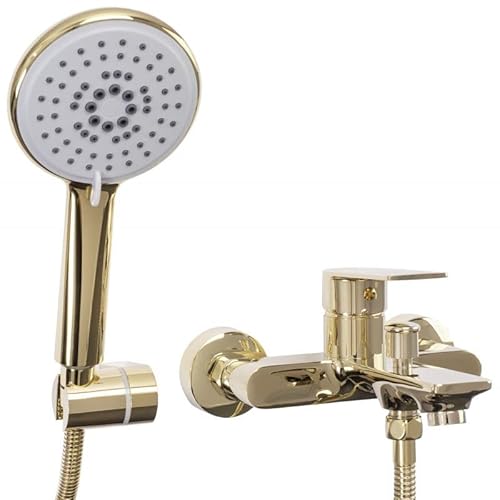 Rea Badewannenarmatur MAYSON GOLD Wasserhahn Badewanne Einhebel Wannenarmatur mit Handbrause Badarmatur aus Messing Mischbatterie Wandmontage (Gold)