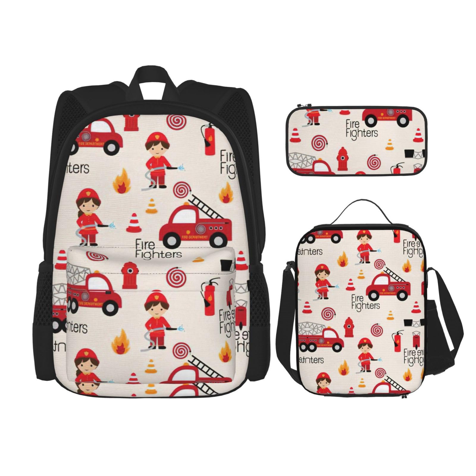 WURTON Rucksack mit Aufdruck "Little Boys And Girls In Firefighters" für Mädchen, Jungen, Schultaschen, Teenager, Lunchbox und Federmäppchen, 3-in-1-Büchertaschen-Set