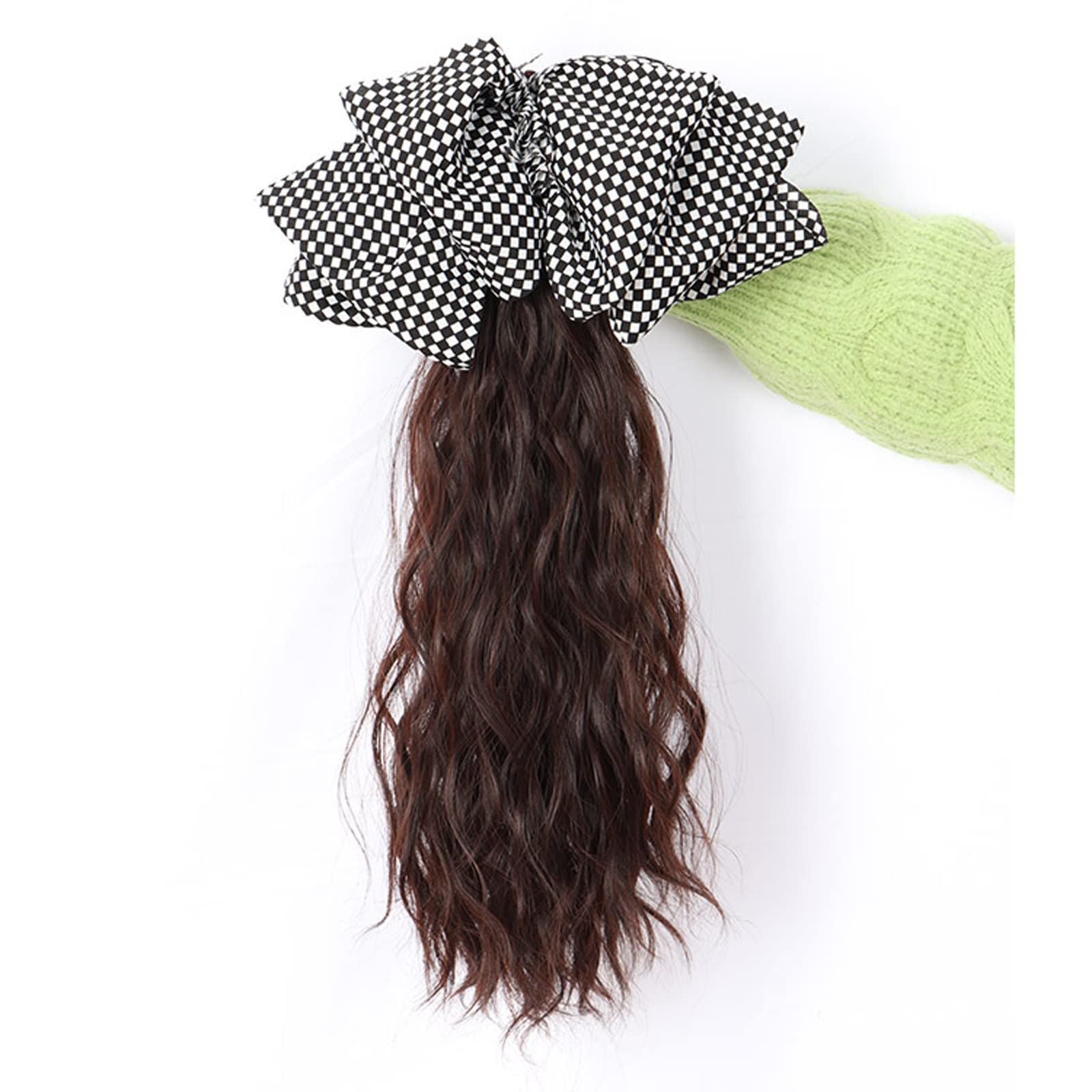 Perücken für Frauen Perücke Pferdeschwanz Schleife Haarschmuck Mädchen Greifclip Wasser Ripple Pferdeschwanz Zopf Hochwertige Perücke für die Tägliche Party Cosplay Tragen(Dark brown,Checkerboard bow)