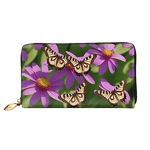 Miniks Colorful Leaf Damen-Geldbörse, Leder, lang, Reisegeldbörse, Kreditkartenetui mit Reißverschluss, Schmetterlinge und Blumen, Einheitsgröße