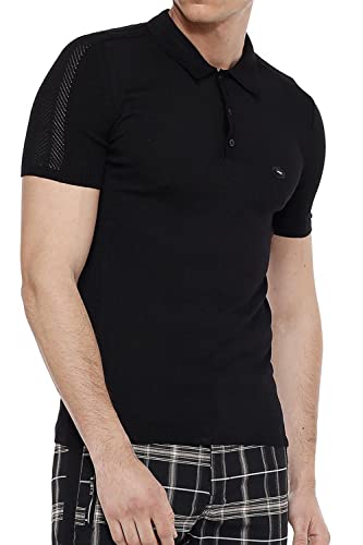 Cipo & Baxx Herren Poloshirt Shirt Flecht-Optik Casual Kurzarm CT517 Schwarz XL