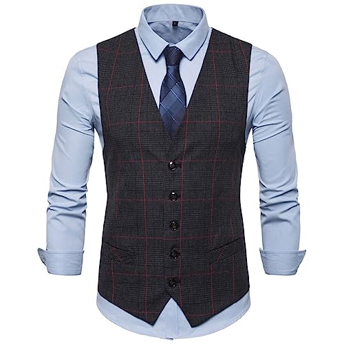 YOUTHUP Weste Herren Westen Kariert Anzugwesten Streifen Slim Fit Plaid Baumwolle Herrenweste, Dunkel Grau, M