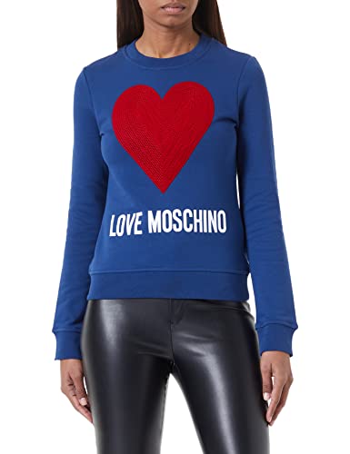 Love Moschino Women's Slim fit Roundneck Long-Sleeved Maxi Heart with Embroidered Flock Sequins and Logo Water Print Sweatshirt, Blue, 42