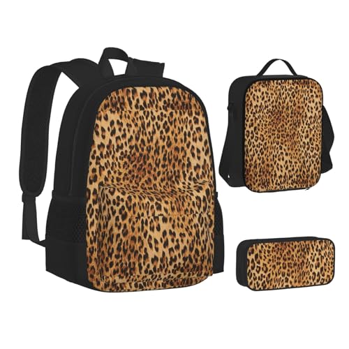 WURTON Rucksack für Teenager, Leopardenmuster, 3-in-1 (Federmäppchen + Schultasche + Lunchtasche)