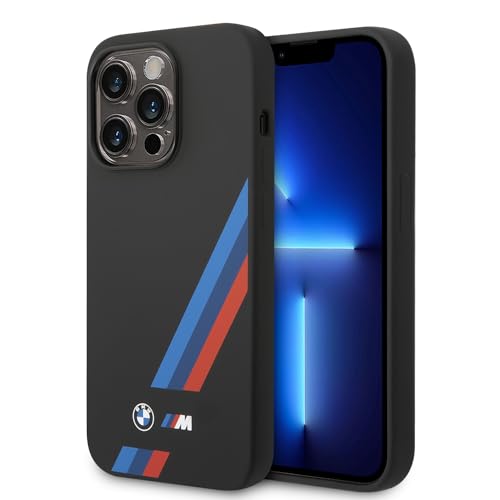 BMW M Collection Magsafe Liquid Silikon Schutzhülle für iPhone 14 Pro Max, schräge dreifarbige Streifen und gedrucktes Logo – Schwarz