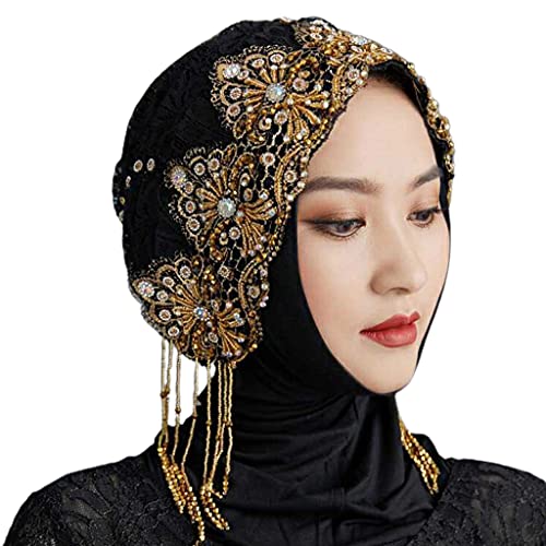 SANRLO Stirnbänder, Haar-Accessoires für Damen, Hijab für Damen, modisch, mit Perlen, leicht, islamisches Gebet, Bandana, Spitze, gestrickt, Turbanmütze, dehnbar, für Kopfschmuck