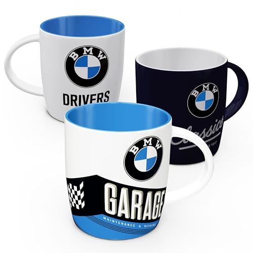 Nostalgic-Art Retro Kaffee-Becher, 330 ml, BMW – Garage (3er-Set) – Geschenk-Idee für BMW Accessoires Fans, Original Lizenzprodukt (OLP), Keramik-Tasse, Vintage Design