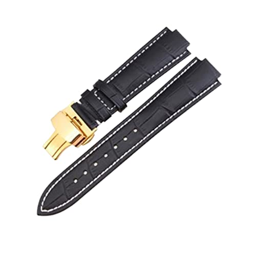 LOUPKC MINGSHAN 21 * 12mm (konvexe Schnittstelle) Schwarzbraunes Lederband kompatibel mit Tambour-Spin-Zeit. Herren- und Frauenarmband mit Schmetterlingsschnalle(Color:2 gold clasp)