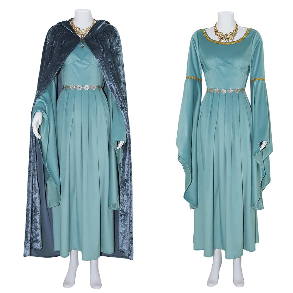 AYYOHON Arwen Kostüm Königin Arwen Cosplay Kleid Damen Mittelalter Kleid Kapuzenumhang Mantel Halskette Set für Halloween Outfits L