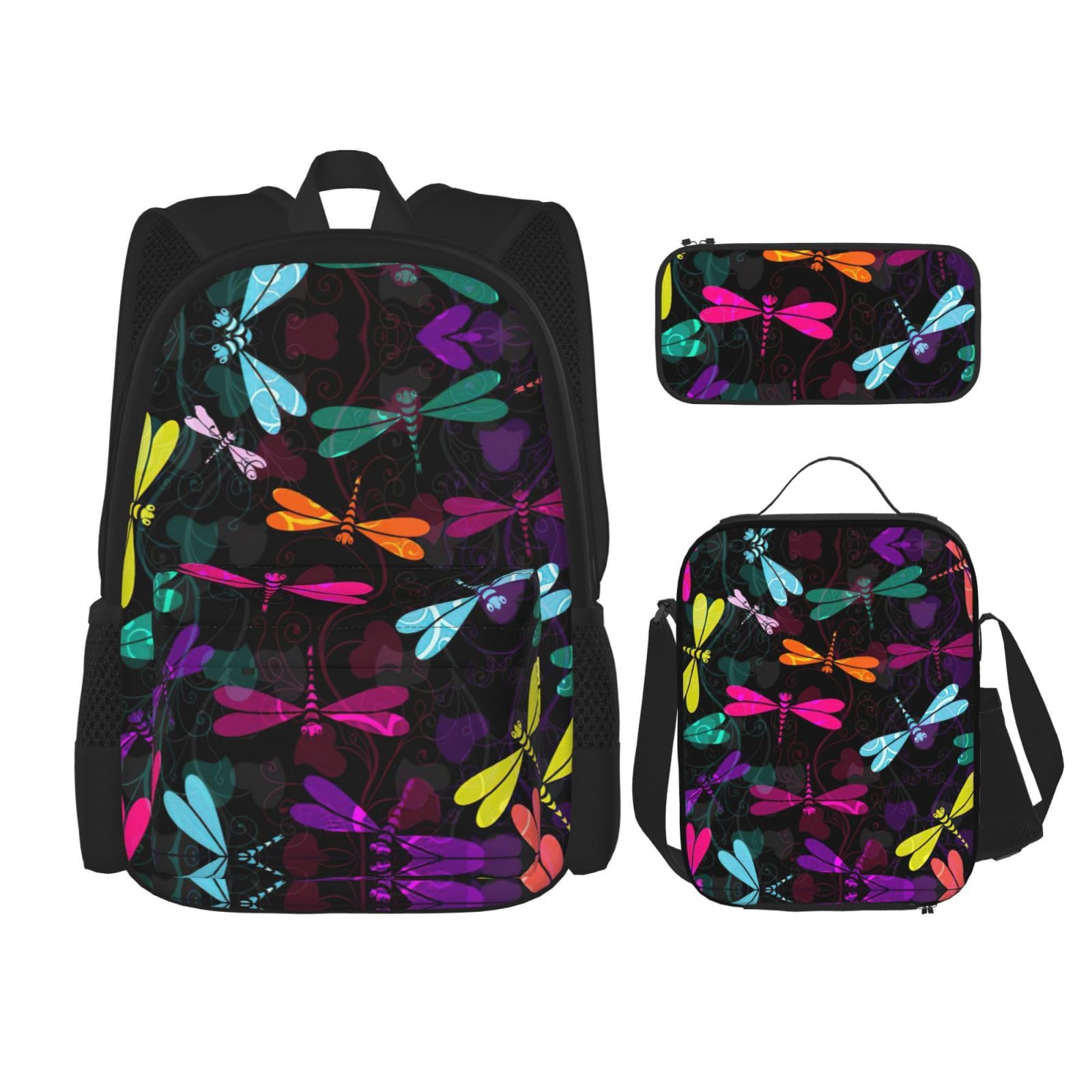 WURTON Niedlicher Libellen-Druck Rucksack Mädchen Jungen Schultaschen Teenager Lunchbox und Federmäppchen 3 in 1 Büchertaschen Set