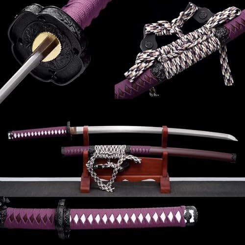 MAUXpIAO 104 cm handgefertigtes echtes Katana, Stahlklinge mit hundert raffinierten Mustern, Scheide aus Massivholz mit Sprühfarbe, Purple Soul Samurai-Schwert für Cosplay, Geschenke, Ausstellungen, D