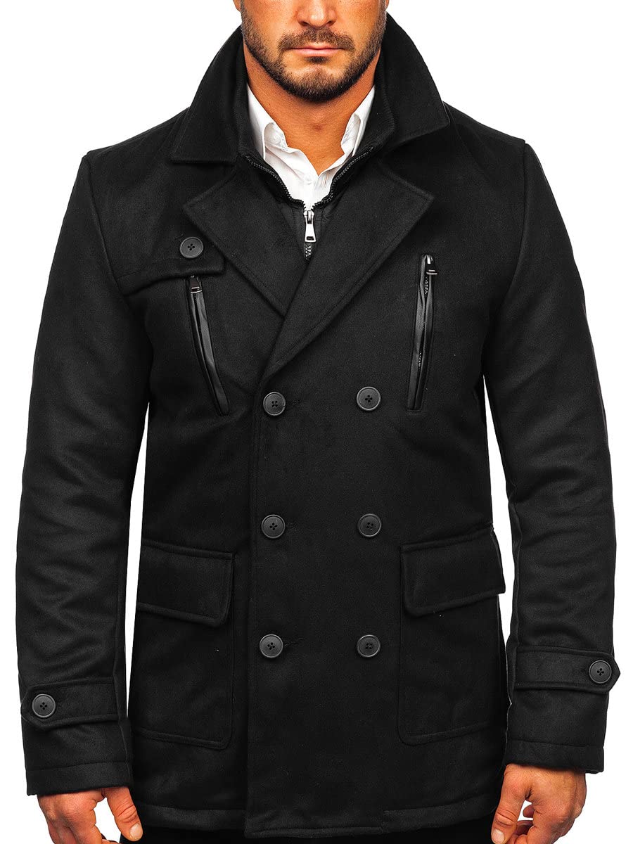 BOLF Herren Mantel Trenchcoat Zweireihiger Reverskragen Herrenmantel Stehkragen Regenmantel Freizeit Jacke Lange Outdoor Style M3143 Schwarz M [4D4]